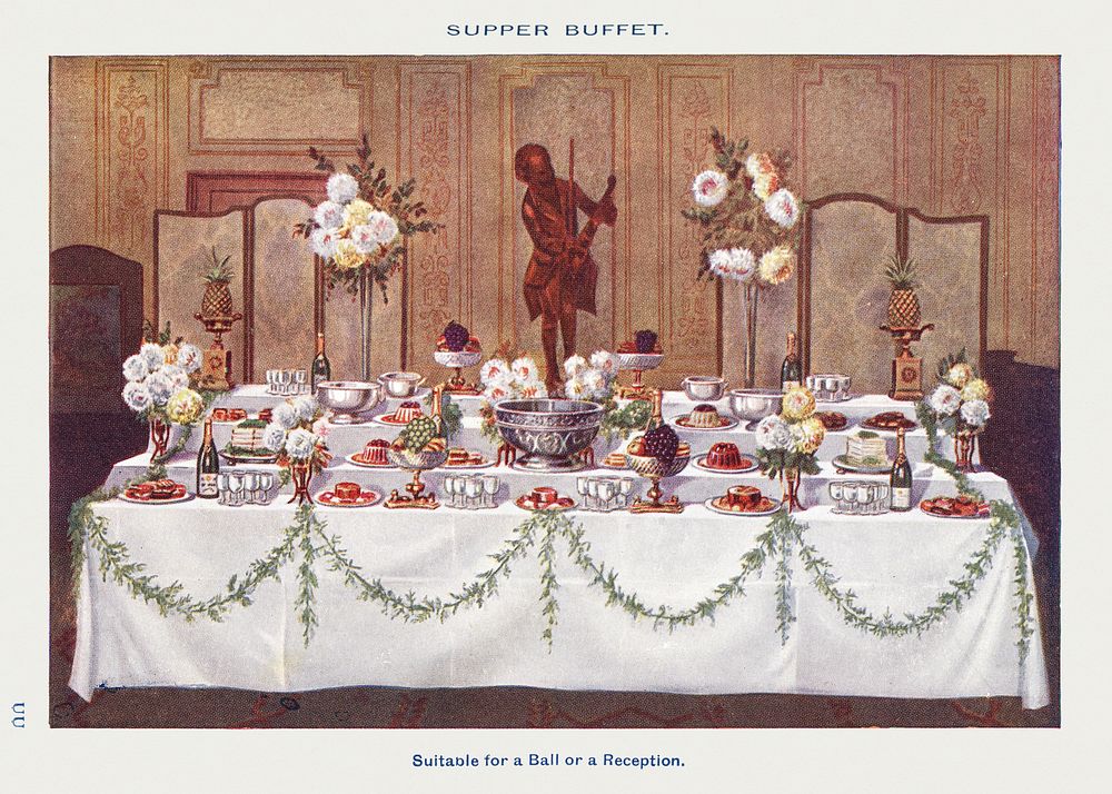 A Supper Buffet for Ball or Reception from Mrs. Beeton's Book of Household Management. Digitally enhanced from our own 1923…