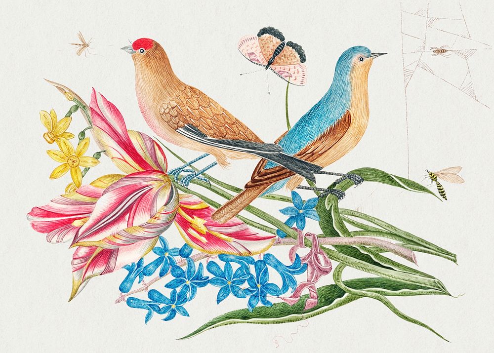 Vintage birds and flowers psd illustration, remixed from the 18th-century artworks from the Smithsonian archive.