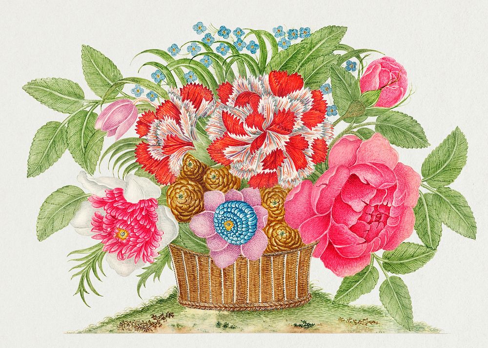 The 18th century illustration of a basket of blooming flowers. Original from The Smithsonian. Digitally enhanced by rawpixel.