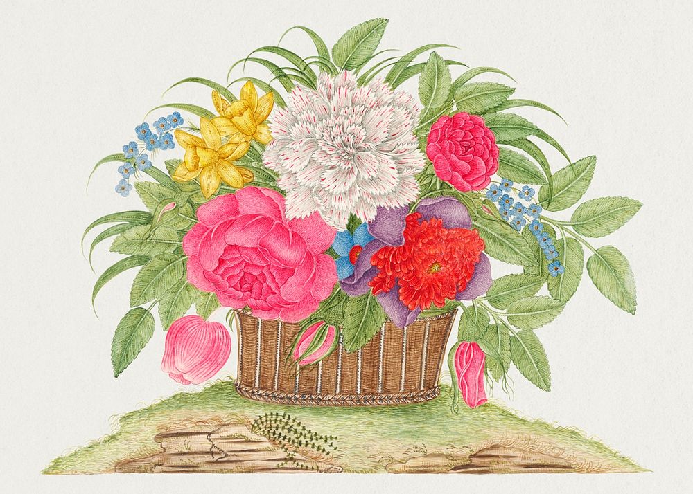 Vintage basket of flowers psd illustration, remixed from the 18th-century artworks from the Smithsonian archive.