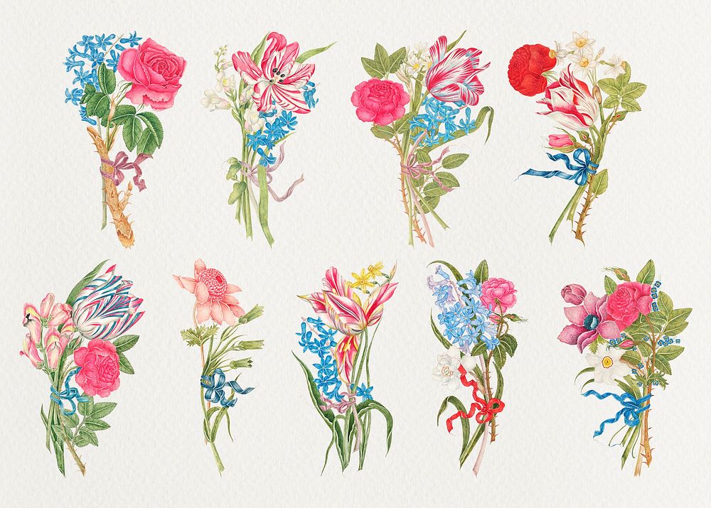 Vintage bouquet psd illustration, remixed from the 18th-century artworks from the Smithsonian archive.