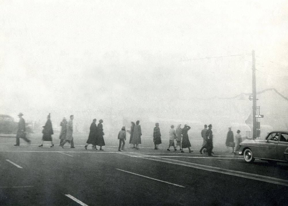 The 1950s historical photograph of an extreme air pollution event at Salt Lake City, Utah. Original image sourced from US…