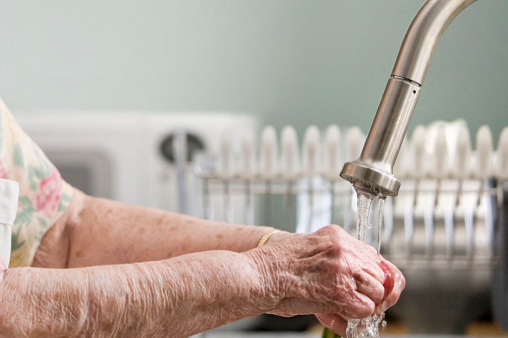 Grandmother properly cleaning fresh, uncooked produce under a running tap. Original image sourced from US Government…