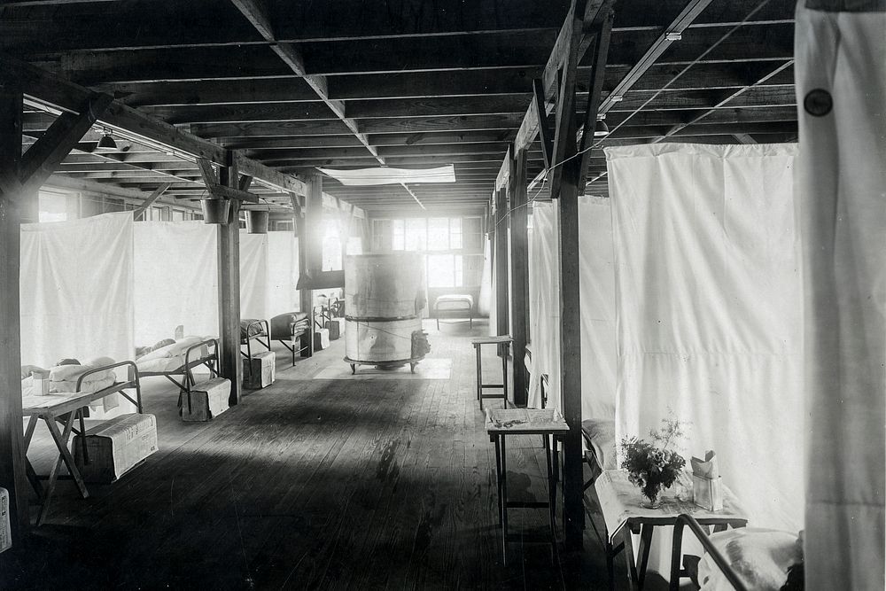 Interior wards of the emergency hospital at Camp Jackson, South Carolina during the influenza epidemic (1918). Original…