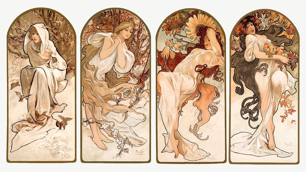 Art nouveau lady four seasons vector, remixed from the artworks of Alphonse Maria Mucha