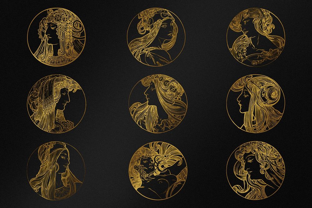 Art nouveau gold silhouette lady psd illustration set, remixed from the artworks of Alphonse Maria Mucha
