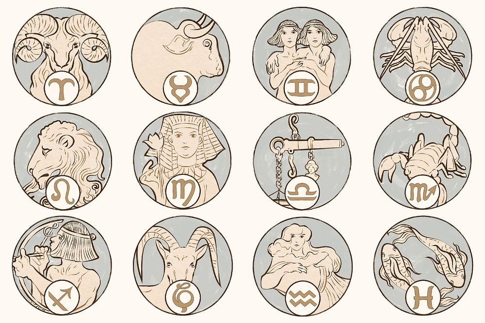 Art nouveau 12 zodiac signs psd, remixed from the artworks of Alphonse Maria Mucha