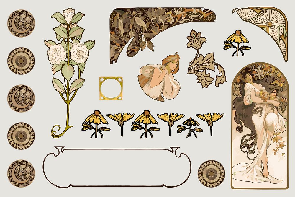 Woman and ornament art nouveau vector set, remixed from the artworks of Alphonse Maria Mucha
