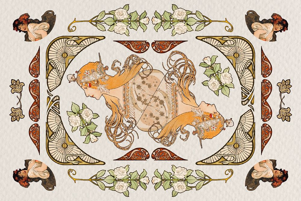 Woman and ornament art nouveau psd set, remixed from the artworks of Alphonse Maria Mucha