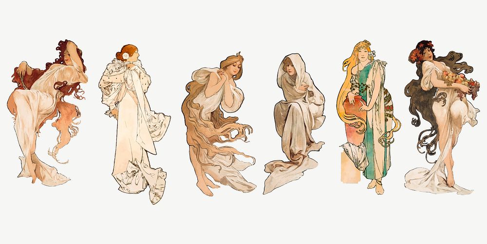 Art nouveau lady collection vector, remixed from the artworks of Alphonse Maria Mucha