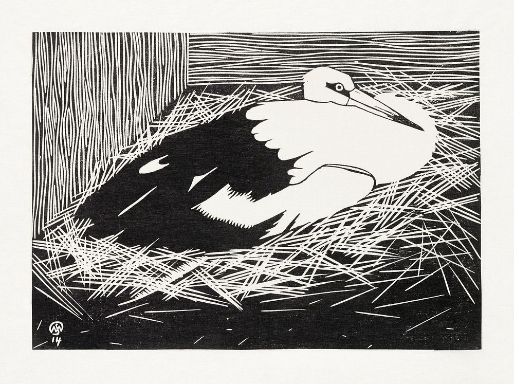 White Maguar Stork (Ooievaar, Magoear&ndash;ooievaar) (1914) print in high resolution by Samuel Jessurun de Mesquita.…