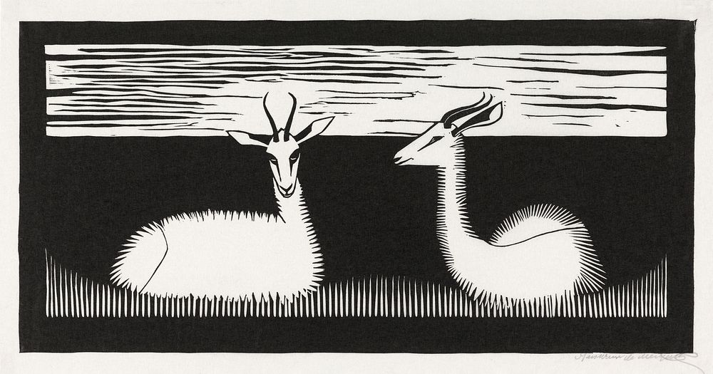 Two gazelles (Twee gazellen) (1926) print in high resolution by Samuel Jessurun de Mesquita. Original from The Rijksmuseum.…