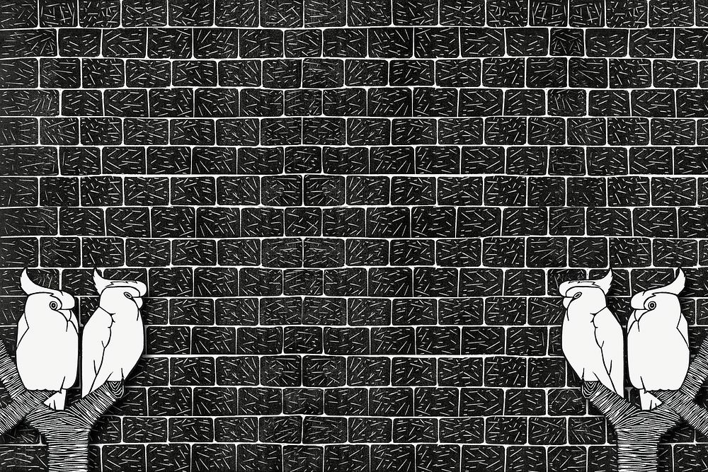 Vintage black brick wall cockatoos background, remix from artworks by Samuel Jessurun de Mesquita
