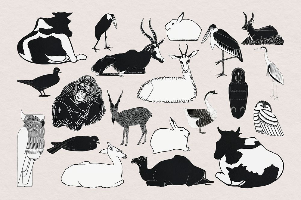 Vintage animal art print psd set, remix from artworks by Samuel Jessurun de Mesquita