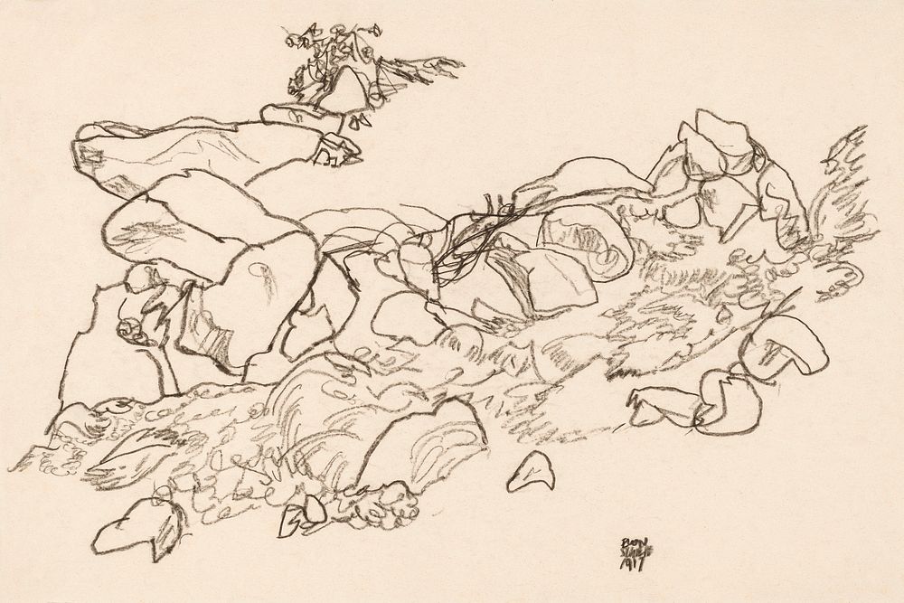 Mountain Stream (1917) by Egon Schiele. Original line art drawing from The MET museum. Digitally enhanced by rawpixel.