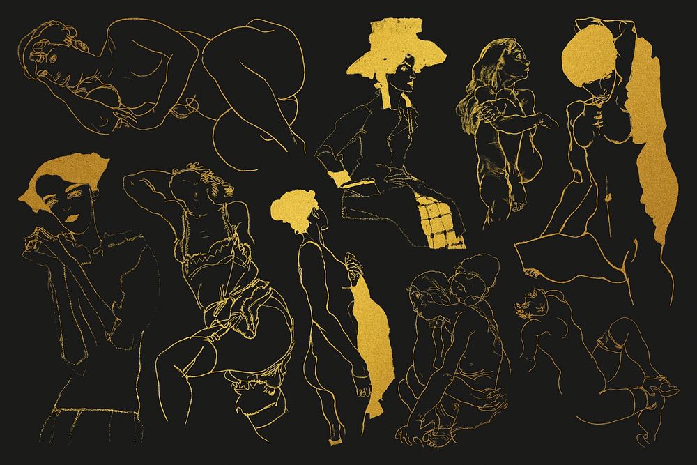 Golden woman line drawing psd collection remixed from the artworks of Egon Schiele.