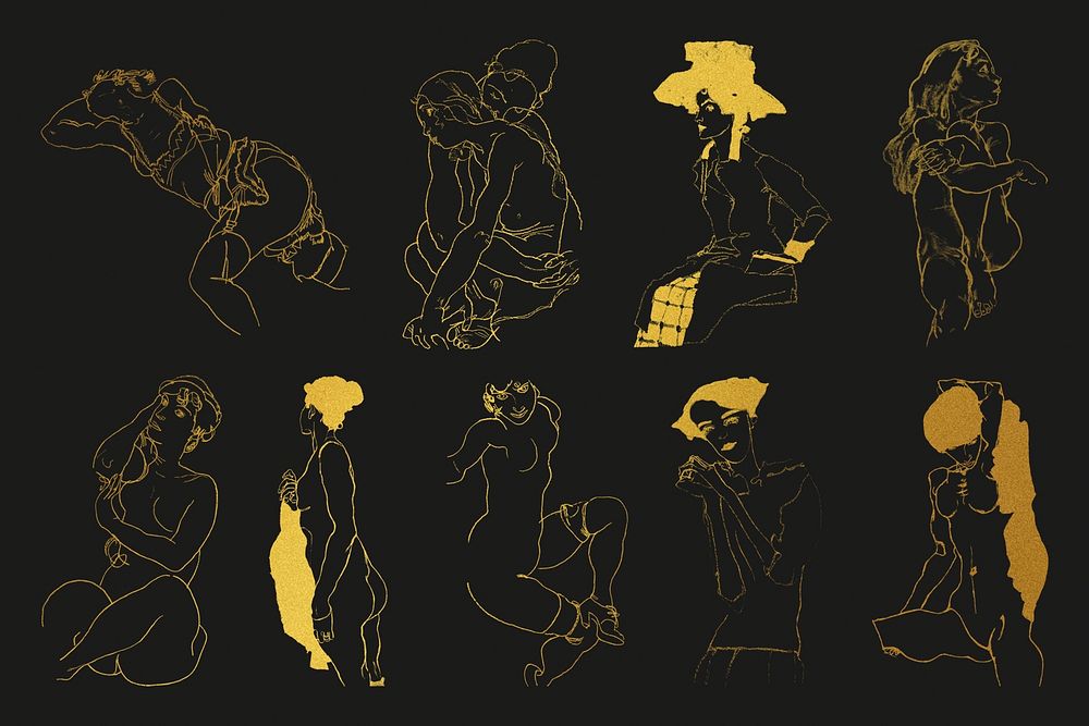 Golden woman line drawing psd collection remixed from the artworks of Egon Schiele.