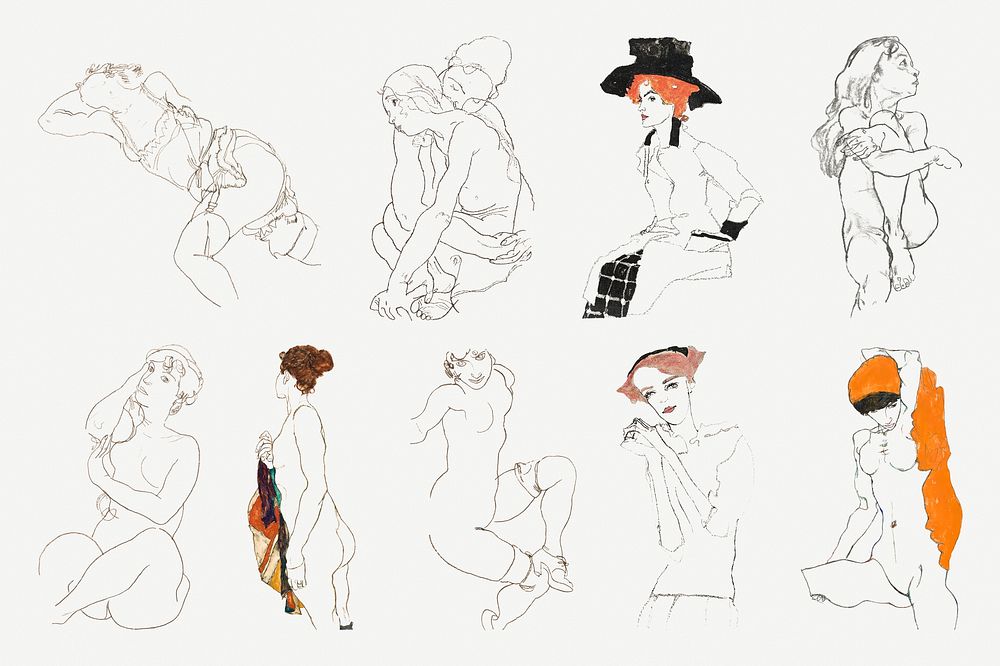 Vintage woman line art drawing psd set remixed from the artworks of Egon Schiele.