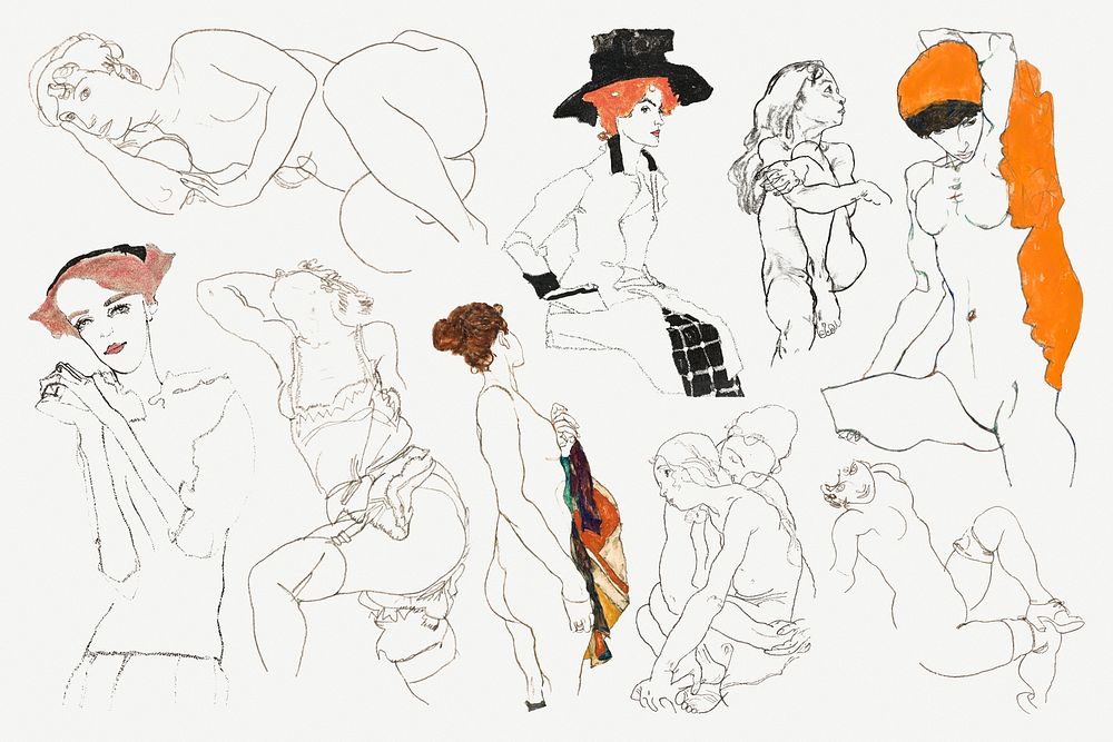 Vintage woman psd illustration set remixed from the artworks of Egon Schiele.