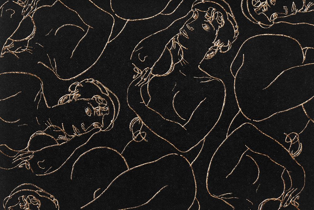 Golden women line art drawing psd patterned background remixed from the artworks of Egon Schiele.