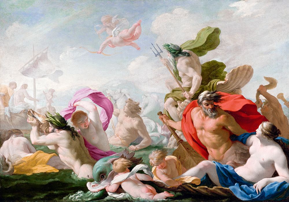 Marine Gods Paying Homage to Love painting in high resolution by Eustache Le Sueur (1616-1655). Original from Getty Museum.…