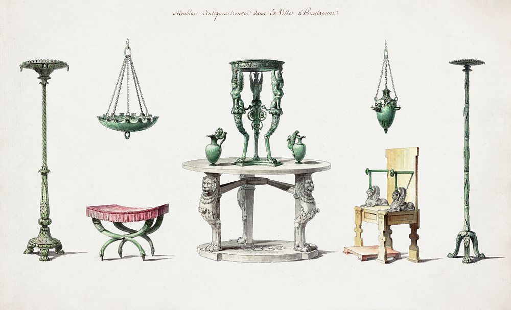 Vases, Furniture, and Objects Discovered at Herculaneum (1777) drawing in high resolution by Pierre-Adrien P&acirc;ris.…