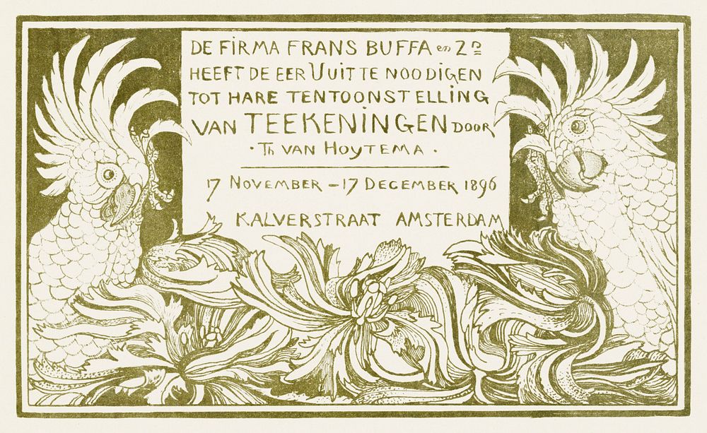 Uitnodiging met twee kaketoes (1896) print in high resolution by Theo van Hoytema. Original from The Rijksmuseum. Digitally…