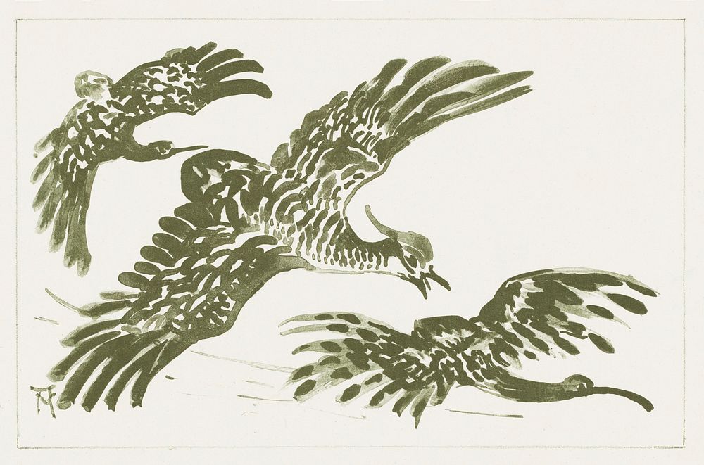 Drie vliegende vogels (1878&ndash;1917) print in high resolution by Theo van Hoytema. Original from The Rijksmuseum.…