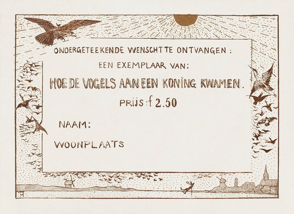 Bestelkaart voor 'Hoe de vogels aan een koning kwamen' (1892) print in high resolution by Theo van Hoytema. Original from…