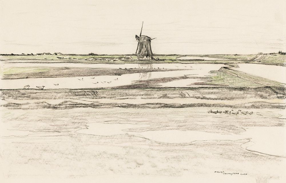 Landschap met poldermolen Het Noorden in polder Het Noorden op Texel (1873&ndash;1917) print in high resolution by Theo van…