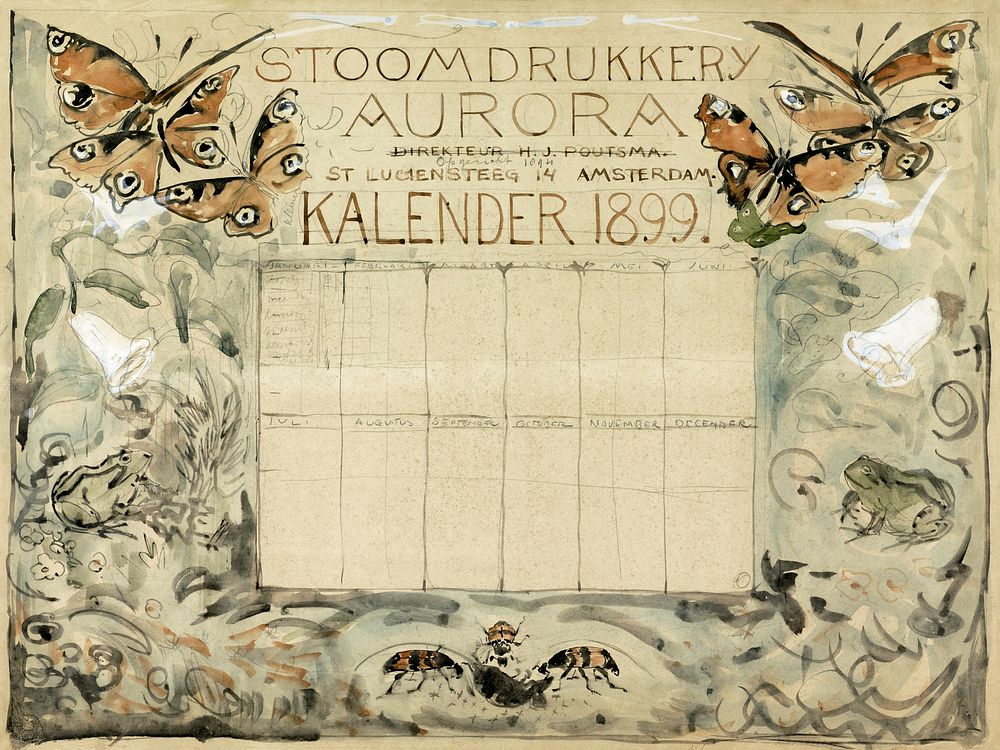 Ontwerp voor de kalender 1899 voor de Stoomdrukkerij Aurora (1874&ndash;1899) print in high resolution by Theo van Hoytema.…