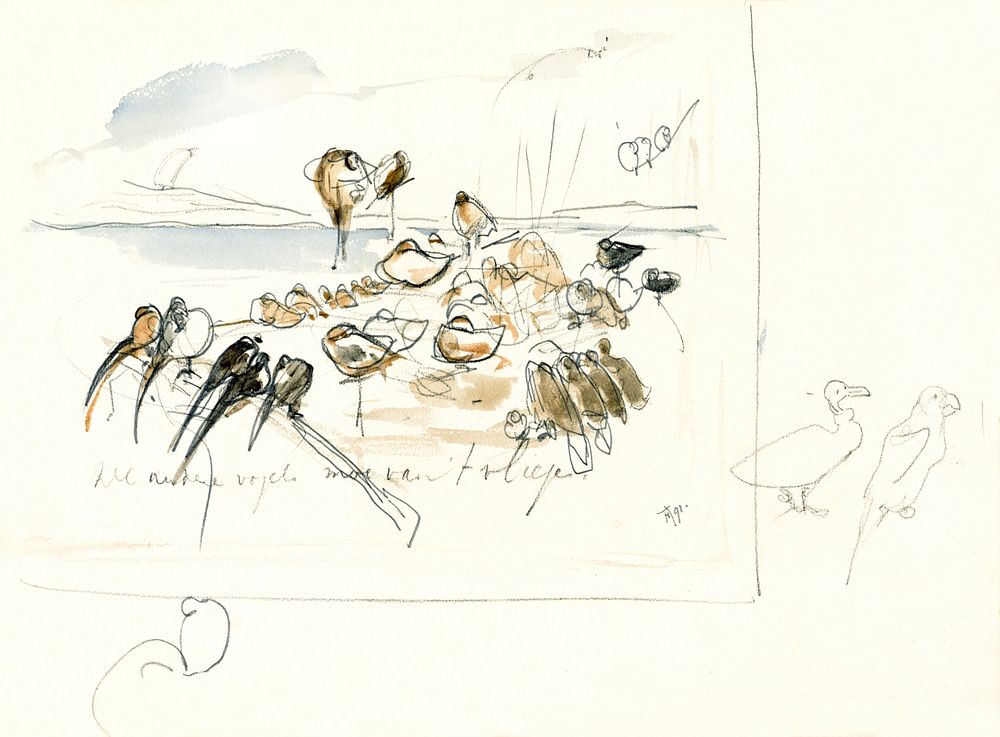 Schets voor illustratie in Hoe de vogels aan een koning kwamen, Theo van Hoytema (1891) print in high resolution by Theo van…