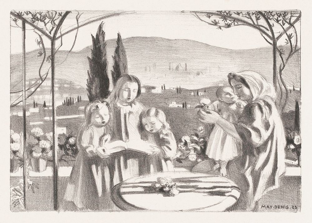 Italian landscape with mother and child and three singing girls (Italiaans landschap met moeder en kind en drie zingende…