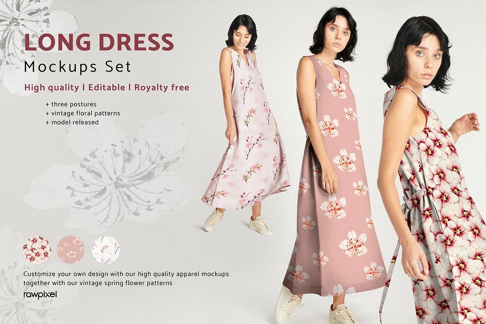 Long dress mockups editable template floral pattern psd, remix from artworks by Megata Morikaga