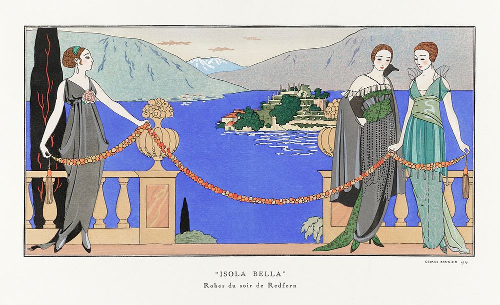 "Isola Bella" Robes du soir de Redfern (1914) fashion illustration in high resolution by George Barbier. Original from The…