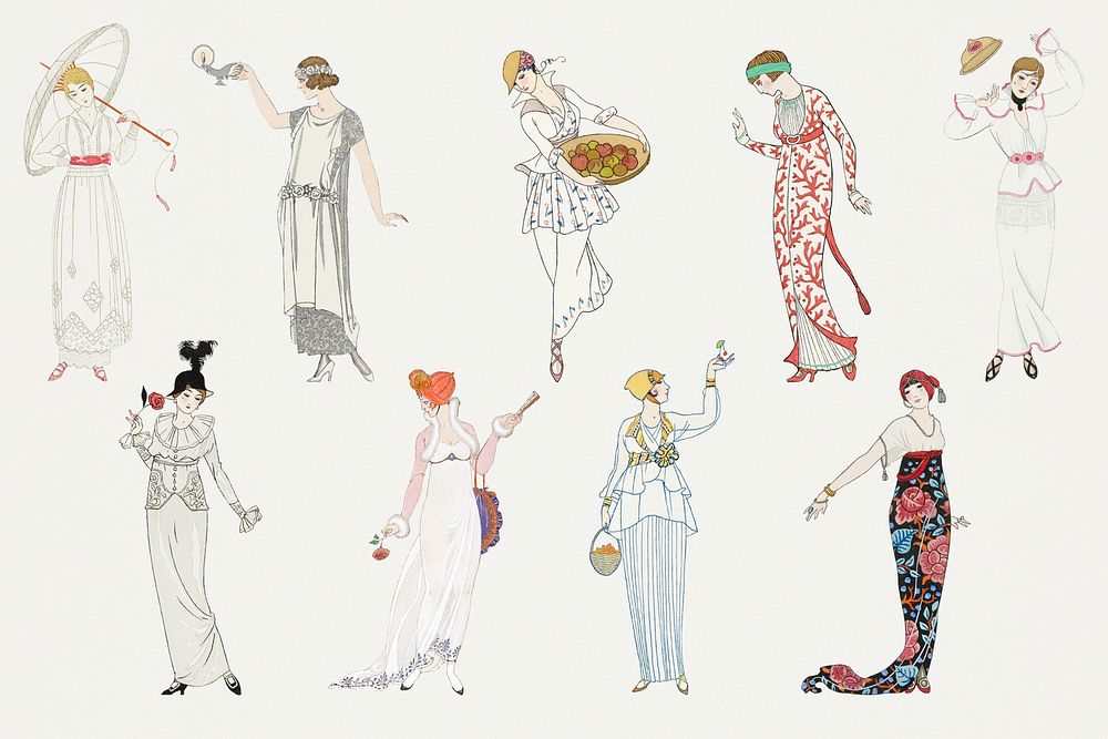 Vintage feminine fashion psd set 19th century style, remix from artworks by George Barbier