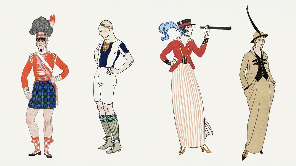 Vintage feminine fashion 19th century style set, remix from artworks by George Barbier