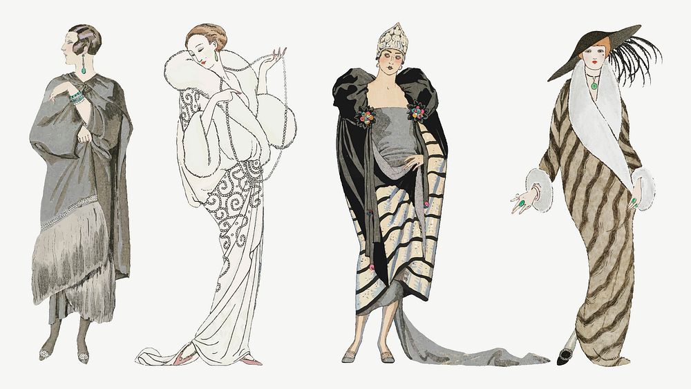 1920s women's fashion vector winter coat set, remix from artworks by George Barbier