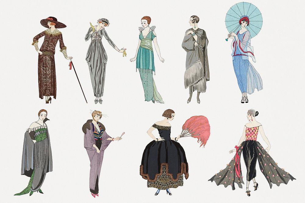 Vintage feminine fashion psd 19th century style set, remix from artworks by George Barbier