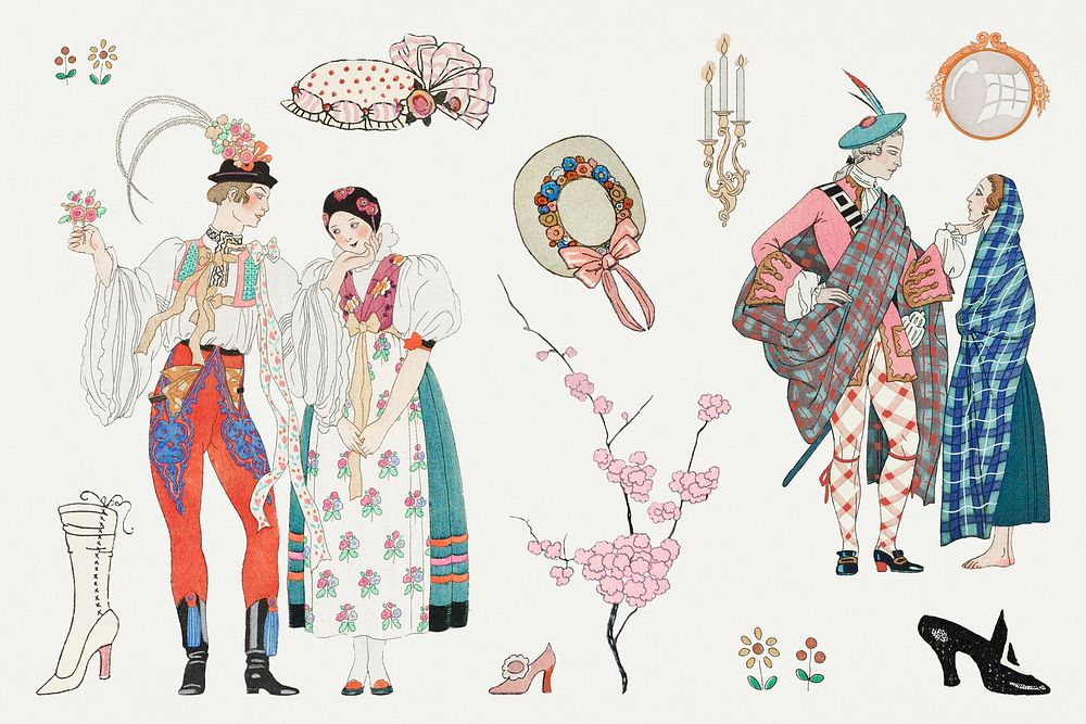 Traditional Parisian fashion psd set, remix from artworks by George Barbier