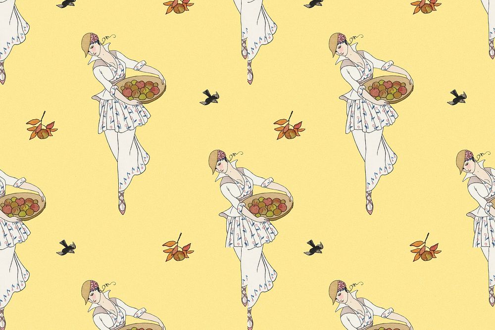 Woman picking apple background psd 1920's fashion, remix from artworks by George Barbier