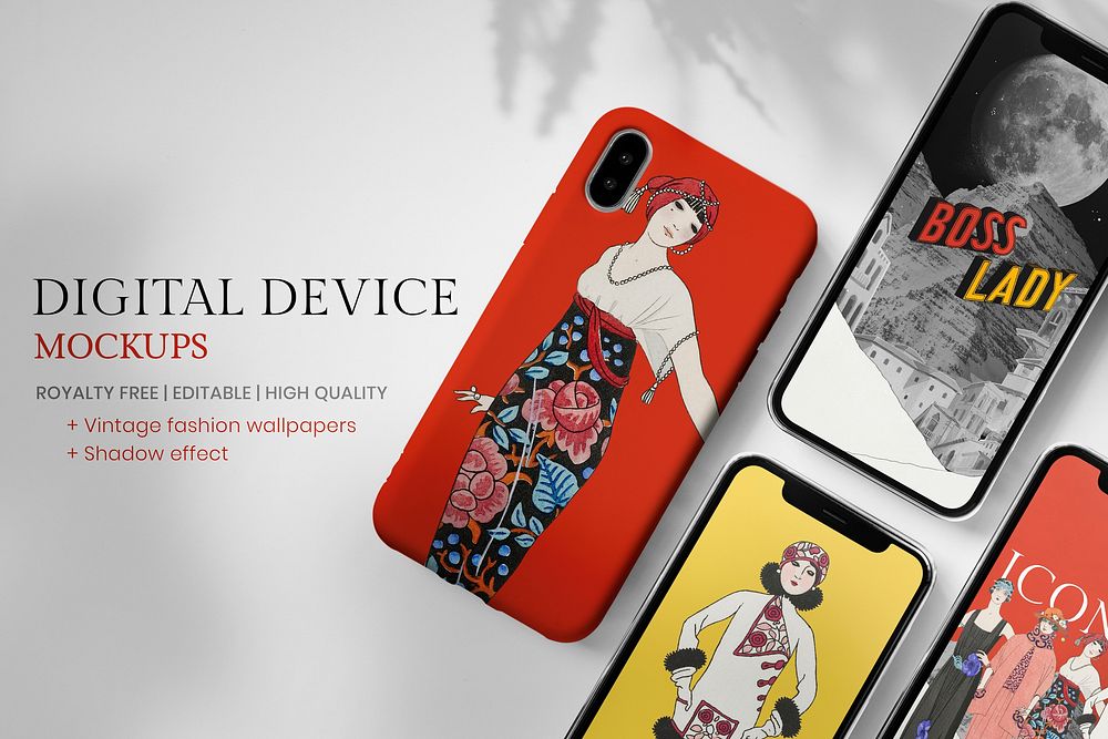 Phone case and screen mockup psd in vintage style, remix from artworks by George Barbier