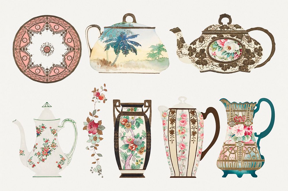 Vintage floral pattern on tableware psd design set, remixed from Noritake factory china porcelain design