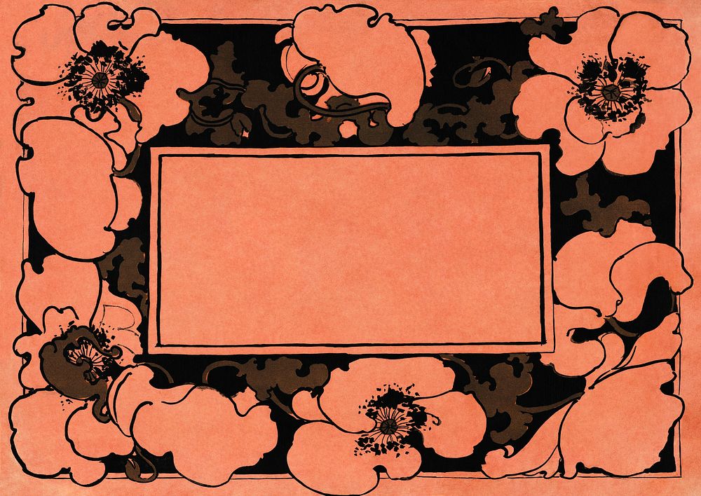 Orange poppy flower frame art nouveau style, remix from artworks by Ethel Reed