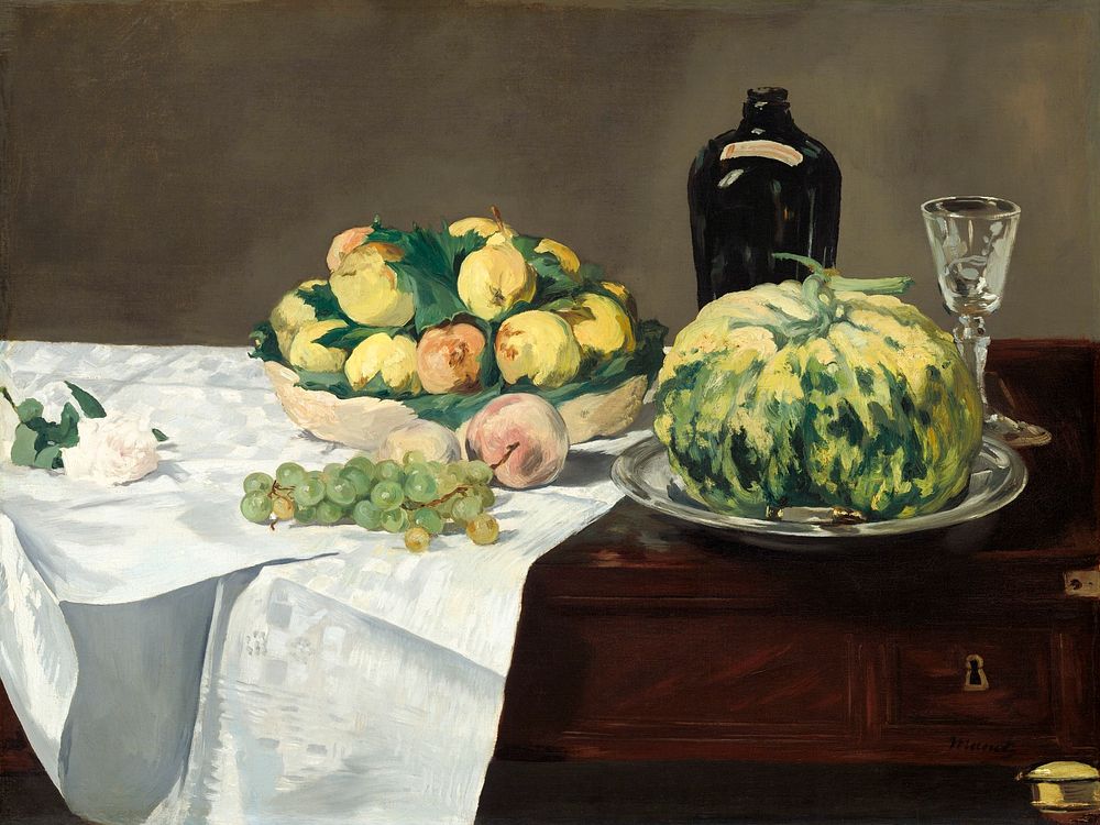 Still Life with Melon and Peaches (c.1866) painting in high resolution by Edouard Manet. Original from National Gallery of…