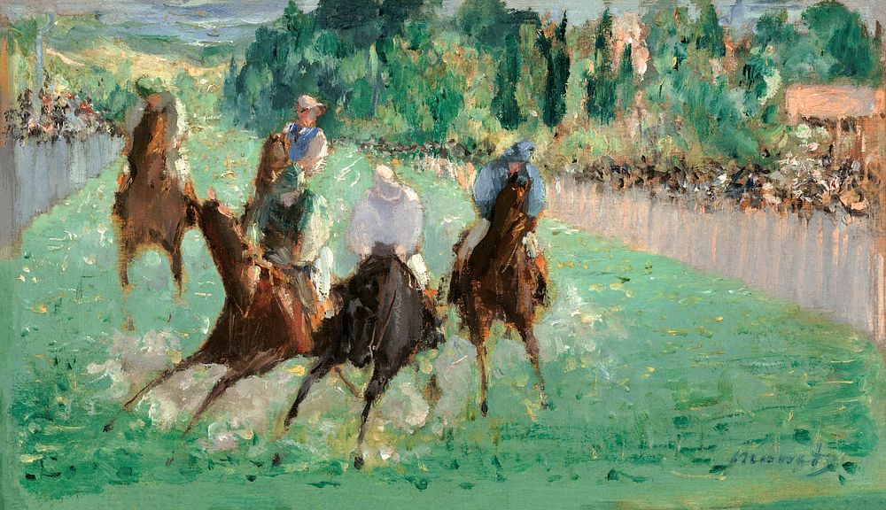 At the Races (c.1875) painting in high resolution by Edouard Manet. Original from National Gallery of Art. Digitally…
