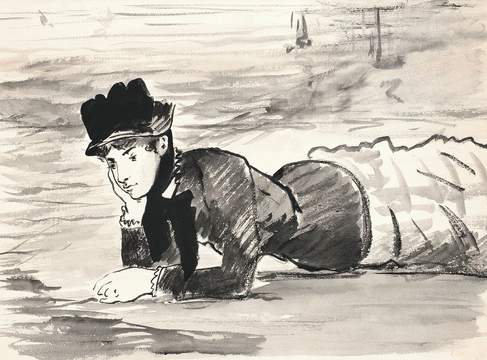 Woman Lying on the Beach. Annabel Lee (1879–1882) drawing in high resolution by Edouard Manet. Original from The National…