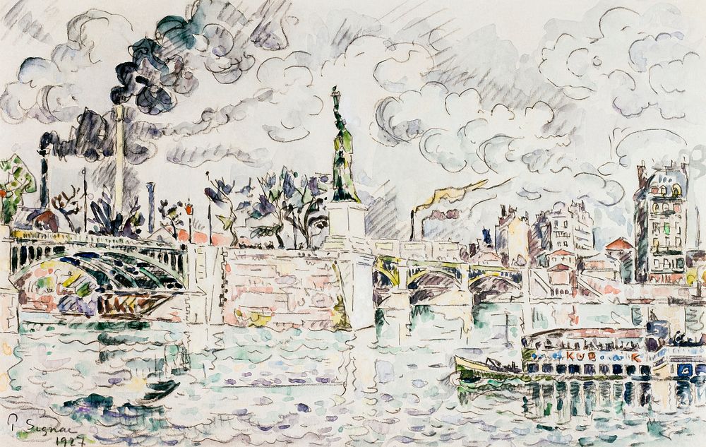 The Grenelle bridge (1927) painting in high resolution by Paul Signac. Original from The Public Institution Paris…