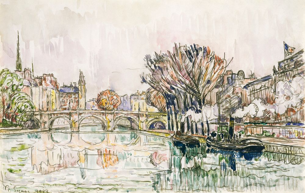 The Pont Neuf, Paris (1928) painting in high resolution by Paul Signac. Original from The MET Museum. Digitally enhanced by…