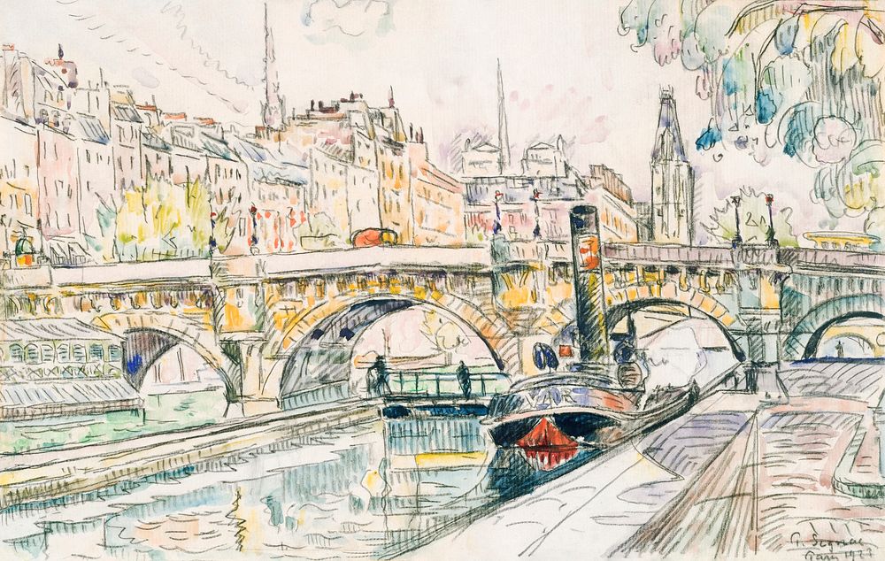 Tugboat at the Pont Neuf, Paris (1923) painting in high resolution by Paul Signac. Original from The MET Museum. Digitally…